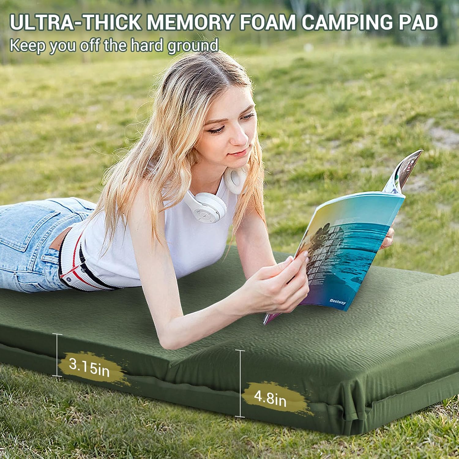 Self Inflating Sleeping Pad with Pillow 26D Memory Foam 3.15" | CumbreX Insulated Camping Mattress Pad, Fast