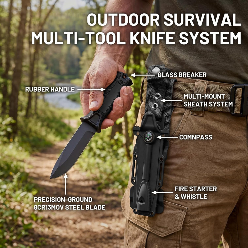Fixed Blade Tactical Survival Knife, Full Tang 8Cr13MoV with Sheath, Fire Starter & Compass, Non-Slip Handle, for