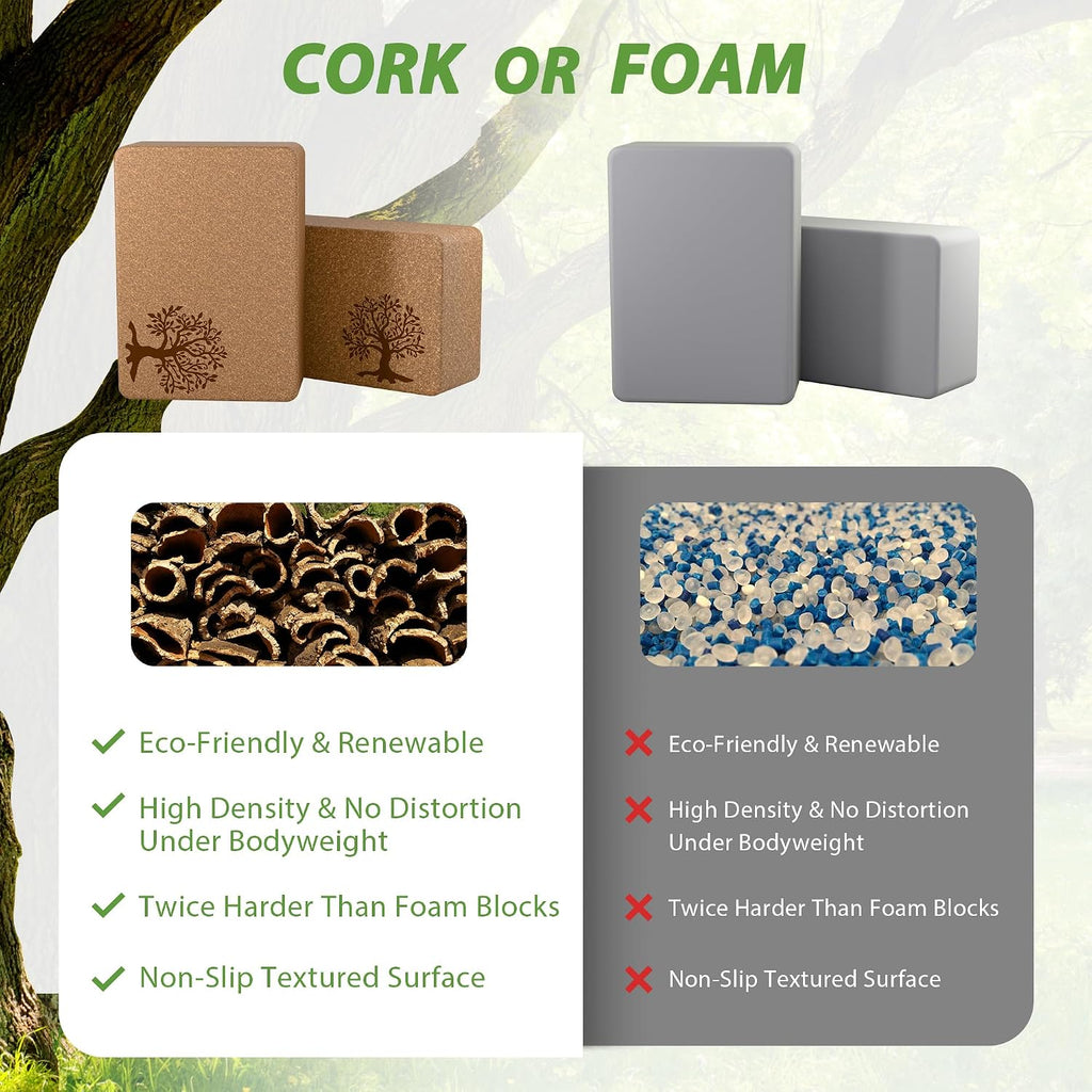 Cork Yoga Blocks 2 Pack Set, Natural Cork Soft Non-Slip Yoga Blocks, High Density & Eco Friendly Yoga Accessories for