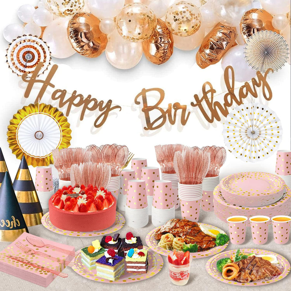 Pink Gold Paper Plates, 175PCS Disposable Dinnerware Set for 25 Guests