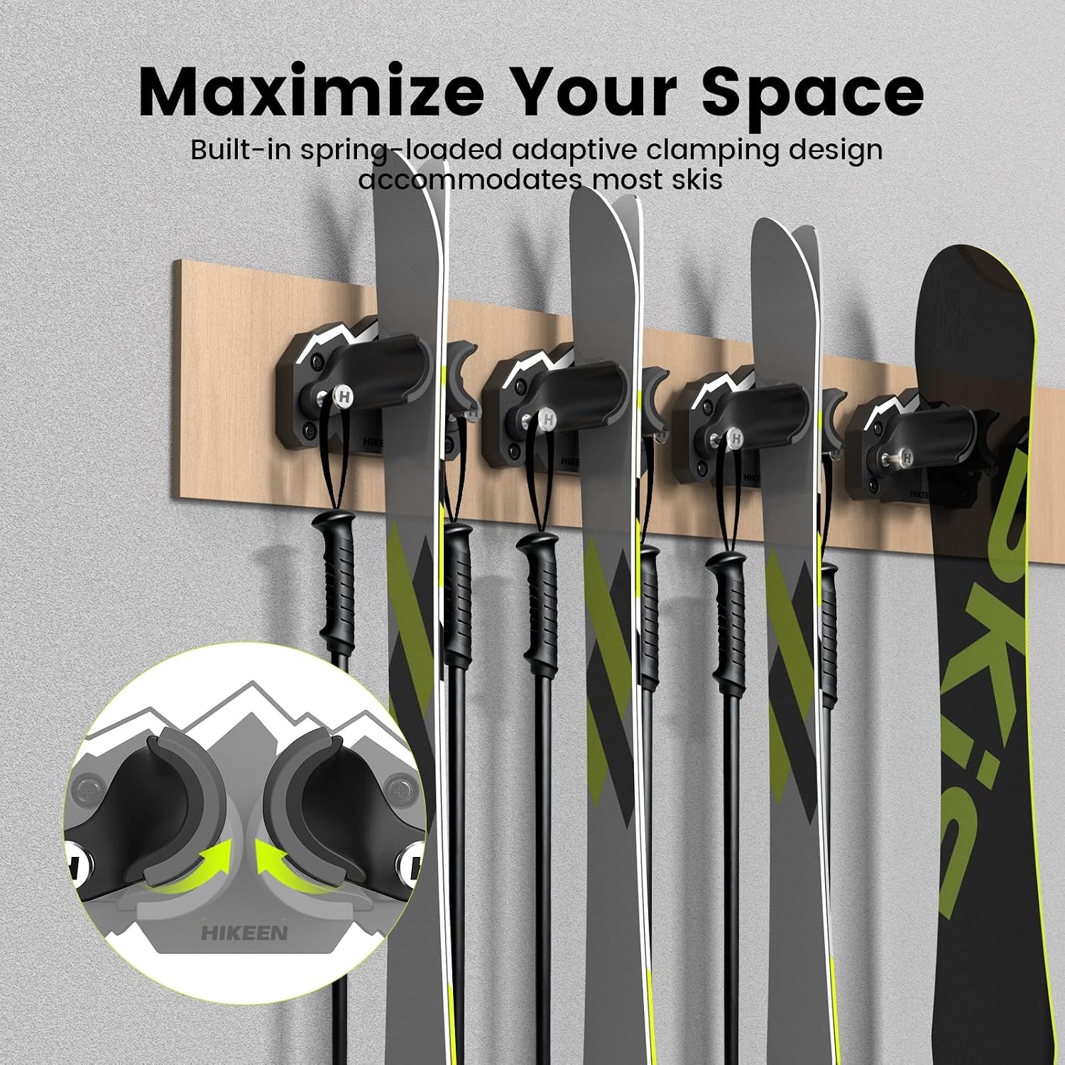 Ski & Snowboard Wall Mount,Fits Any Ski or Snowboard, Ski Wall Rack Non-Slip Storage for Garage