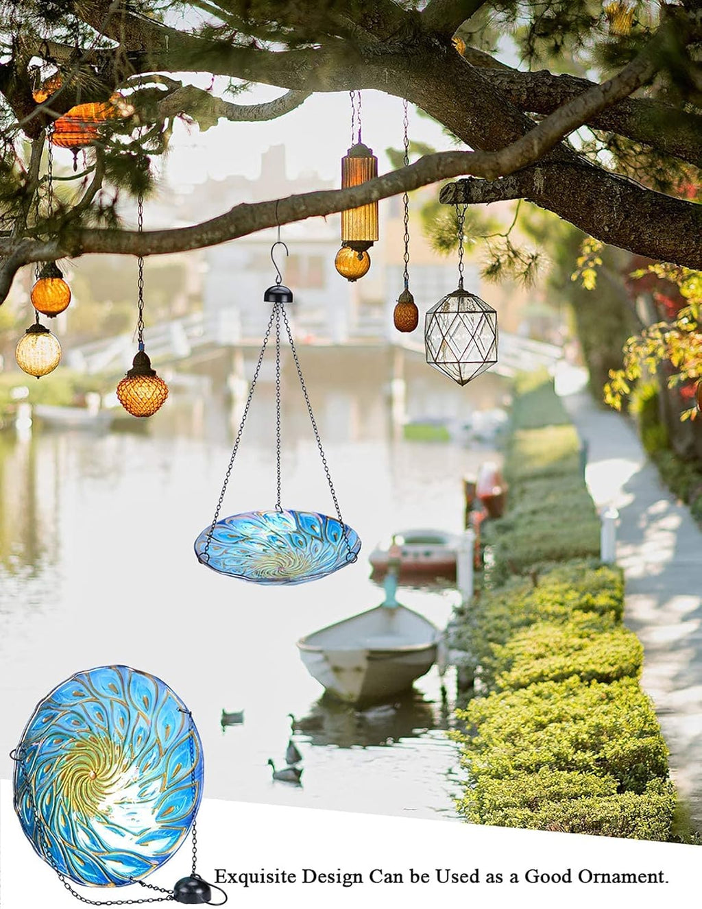 Hanging Glass Bird Bath Peacock Outdoor Birdfeeder Garden Yard Decor