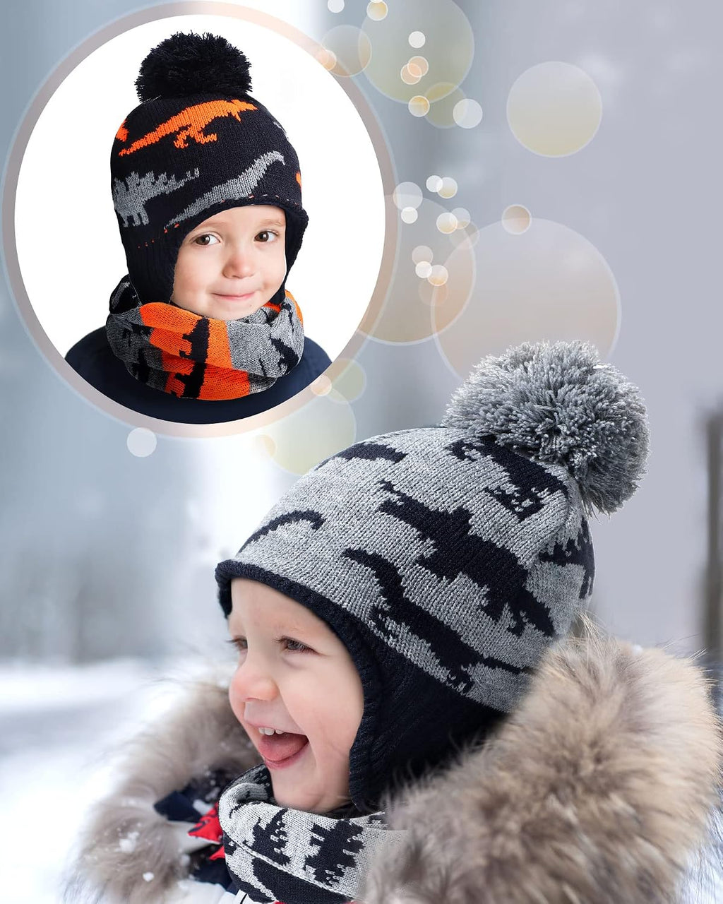 Winter Toddler Boys Hat Dinosaur Warm Mittens Scarf Set Pompom Baby Beanie Knitted Baby Hat Scarf Gloves Earflaps