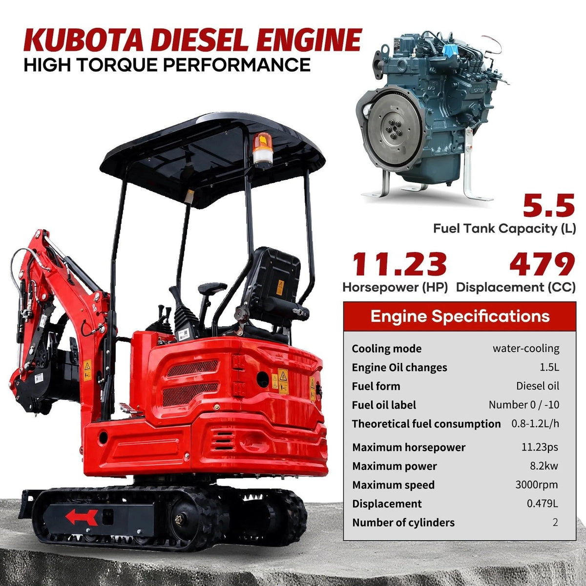 1.4 Ton Mini Excavator with Kubota-Diesel Engine, Side Swing Boom.