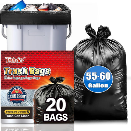 55-60 Gallon Black Trash Bags 20 Bags Extra Large Garbage Bags - 39" x 53" | Fit 45,49,50,55,60 gal Lawn And Leaf