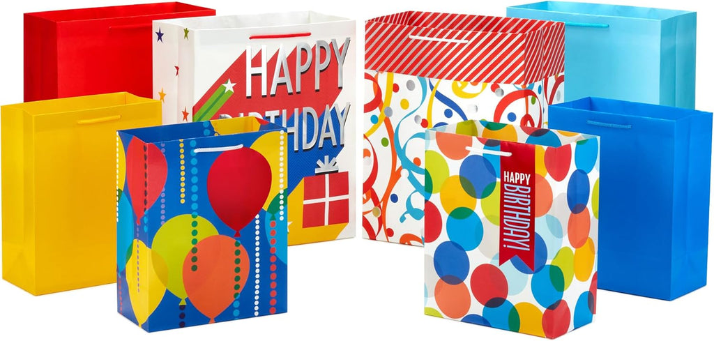 Assorted Birthday Gift Bags, 8-Pack (Balloons, Red, Blue, Yellow)
