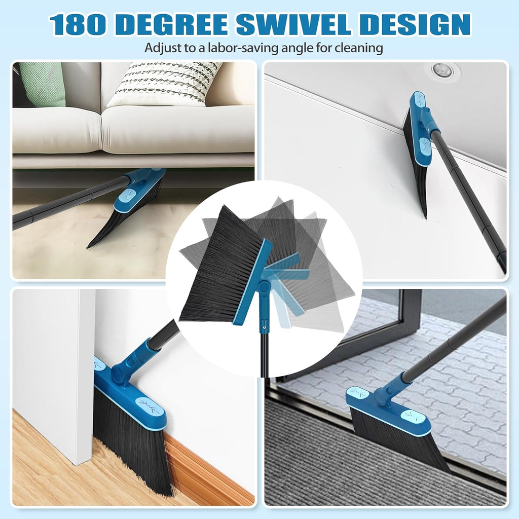 Dustpan and Brush Set, 54 inches Long Handle Swivel Broom, Upright Foldable Dust Pan with Comb Teeth for Home Kitchen
