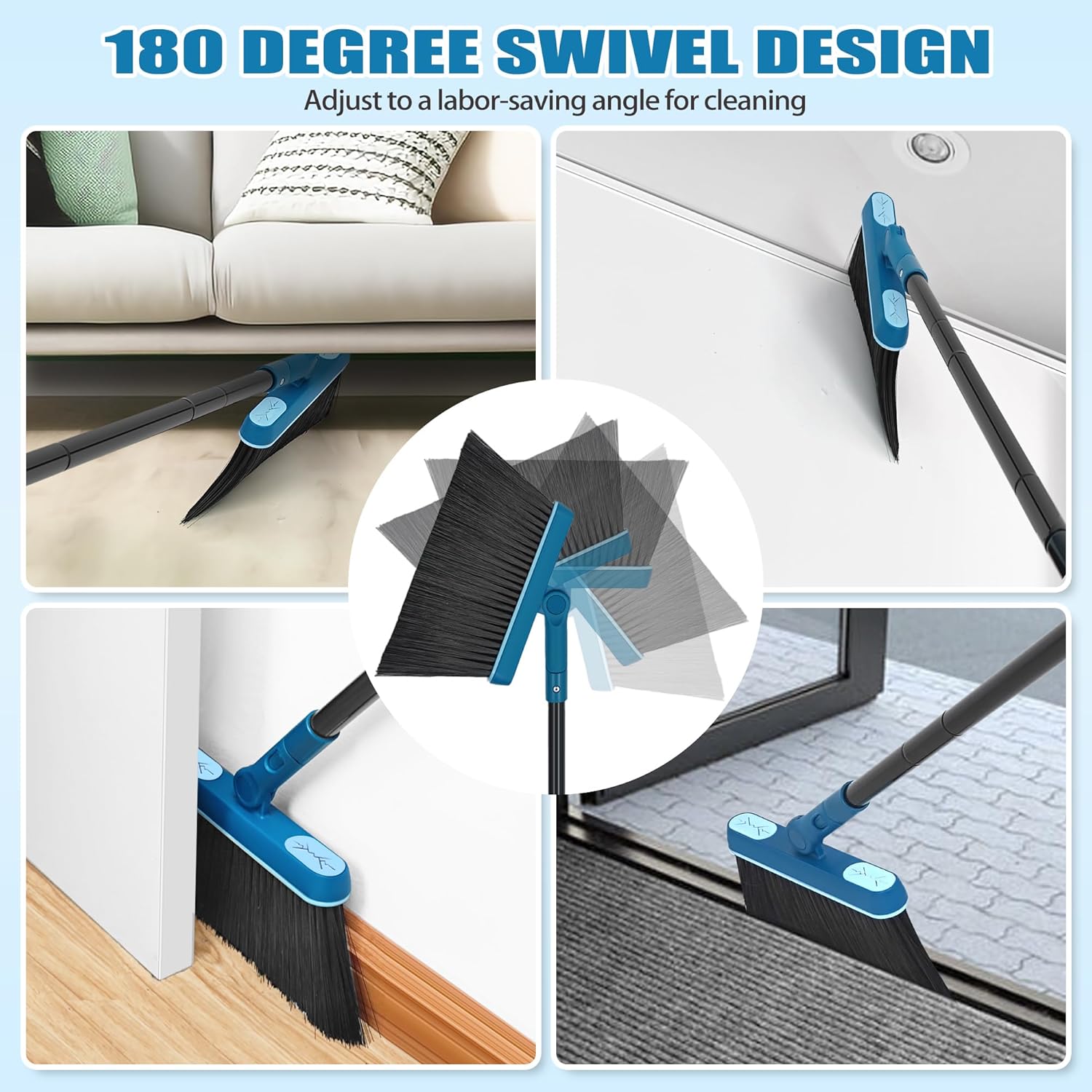 Dustpan and Brush Set, 54 inches Long Handle Swivel Broom, Upright Foldable Dust Pan with Comb Teeth for Home Kitchen