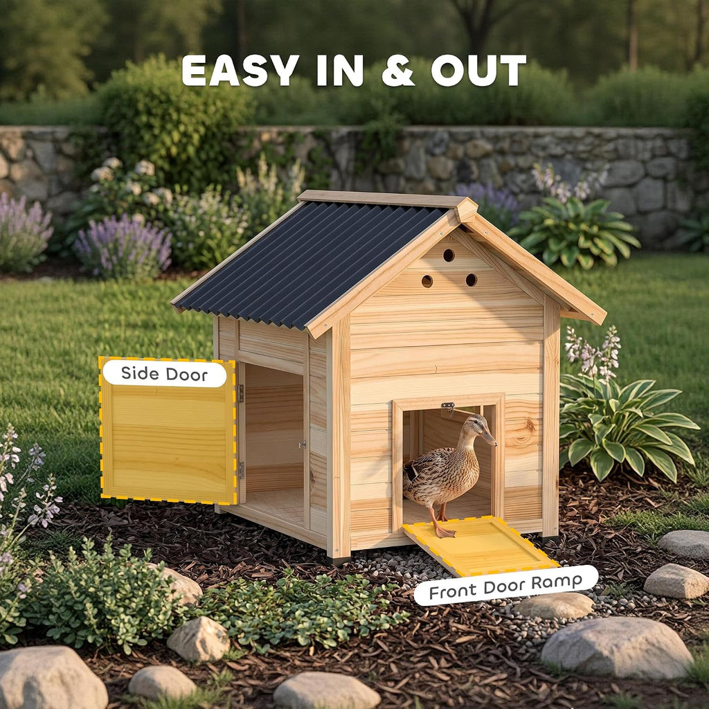 Duck Coop, Wooden Duck House, Outdoor Small Animal House with Openable Roof, Double Doors, Removable Base for 1-3