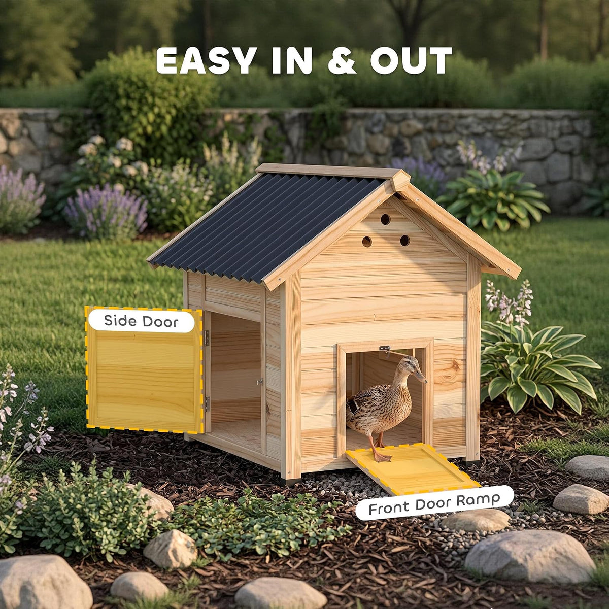 Duck Coop, Wooden Duck House, Outdoor Small Animal House with Openable Roof, Double Doors, Removable Base for 1-3
