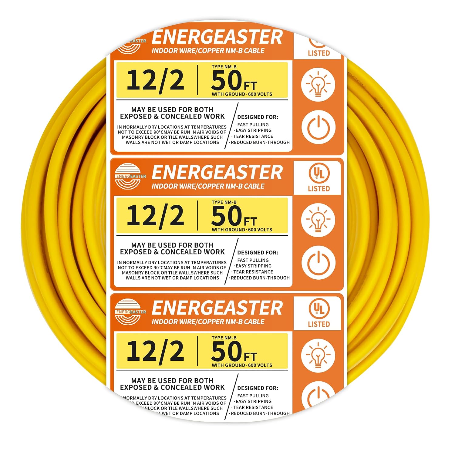 Solid Indoor 12/2 W/G NMB Cable 50ft, Electrical Wire, Yellow | 50FT NMB Cable 12 Gauge Wire 2 Conductors 600V Bare