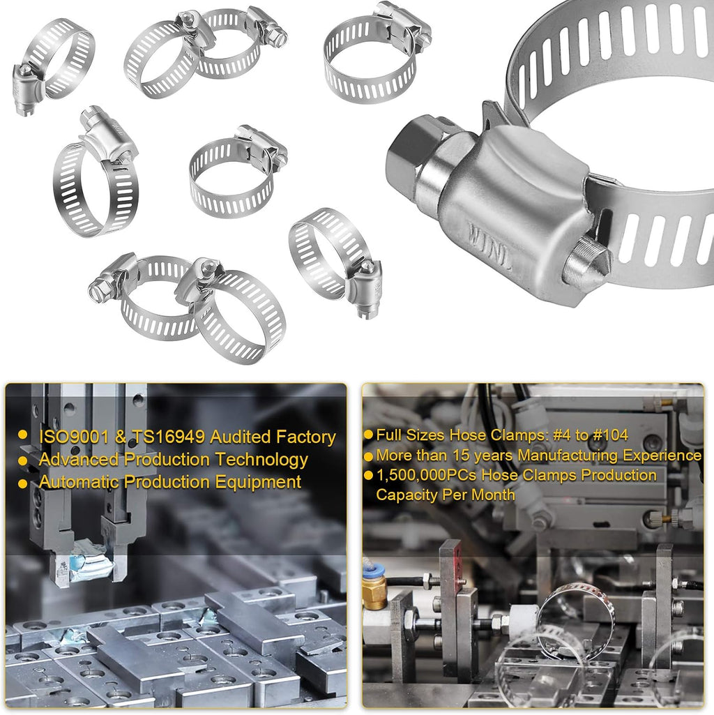 Stainless Steel Hose Clamps - 16 Pack Worm Gear Drive Hose Clamps SAE 10 Clamping Range of 1/2'' to 1-1/16''