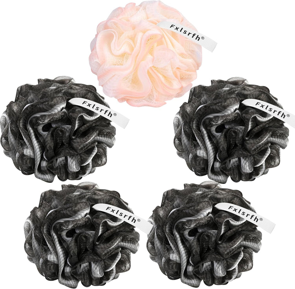 Bath Loofah Sponge 70 Grams Large Size, Black Soft Mesh Long-Lasting Shower Loofah for Rich Lather, 5 Pack Shower