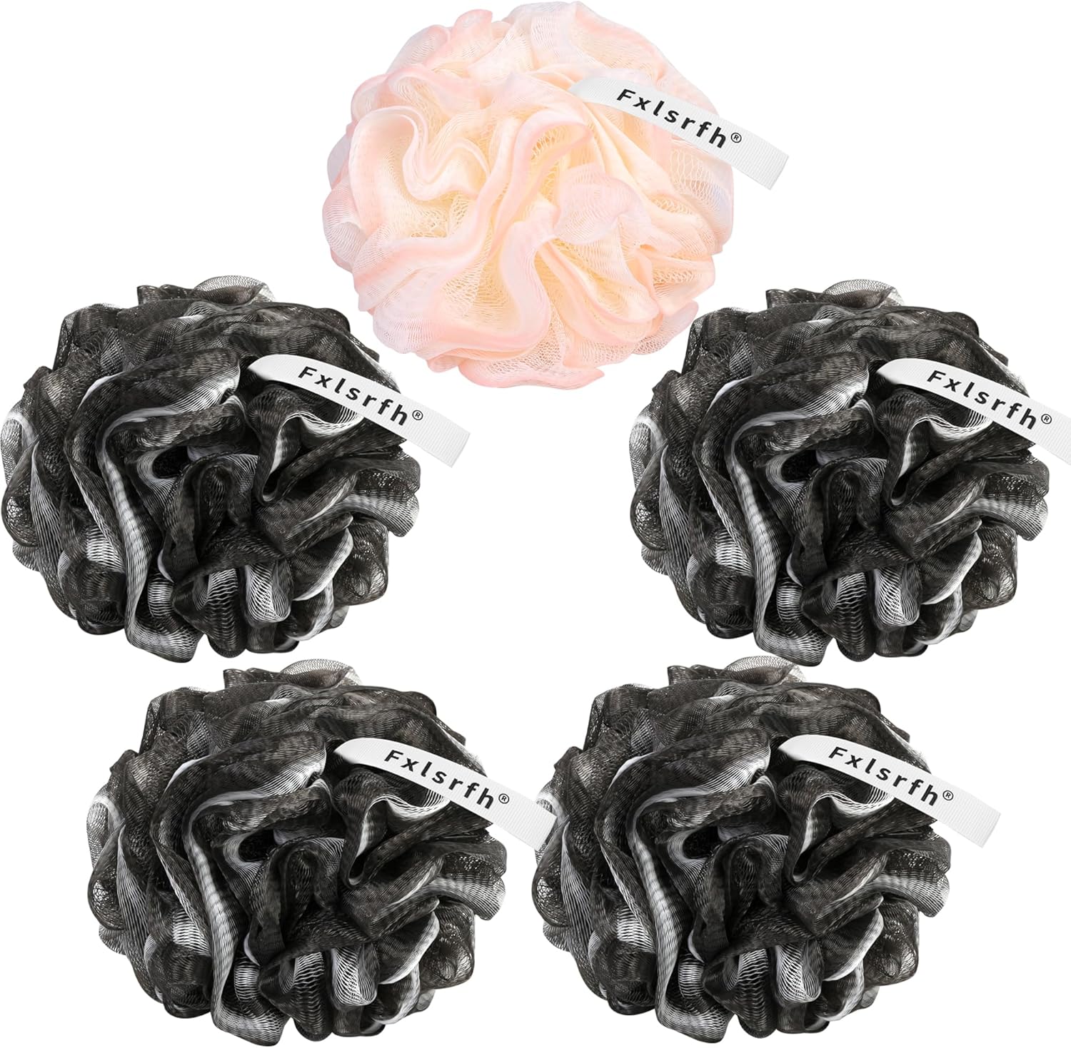 Bath Loofah Sponge 70 Grams Large Size, Black Soft Mesh Long-Lasting Shower Loofah for Rich Lather, 5 Pack Shower