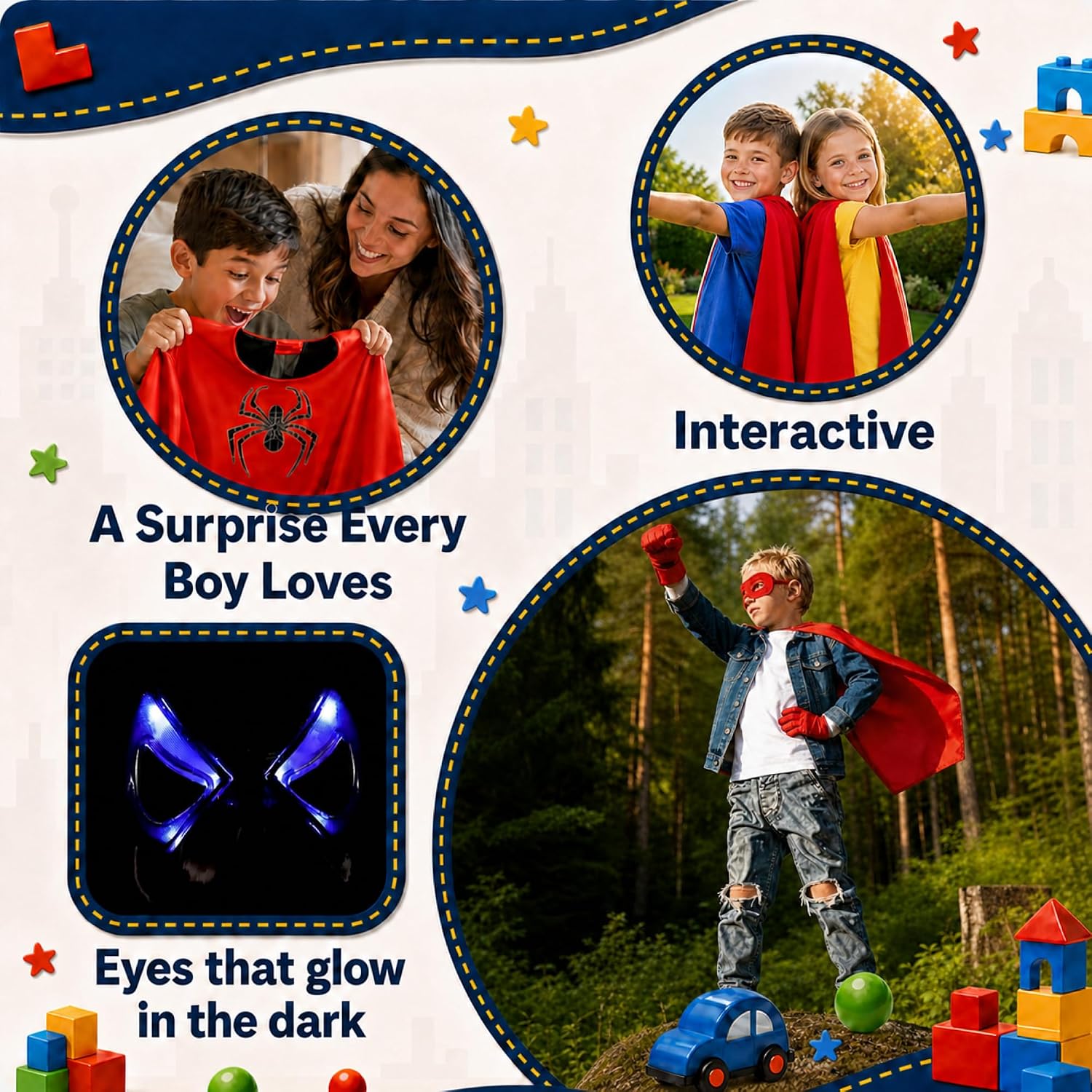 Superhero Costume for Kids, LED Mask, Cape and Web Shooter Set