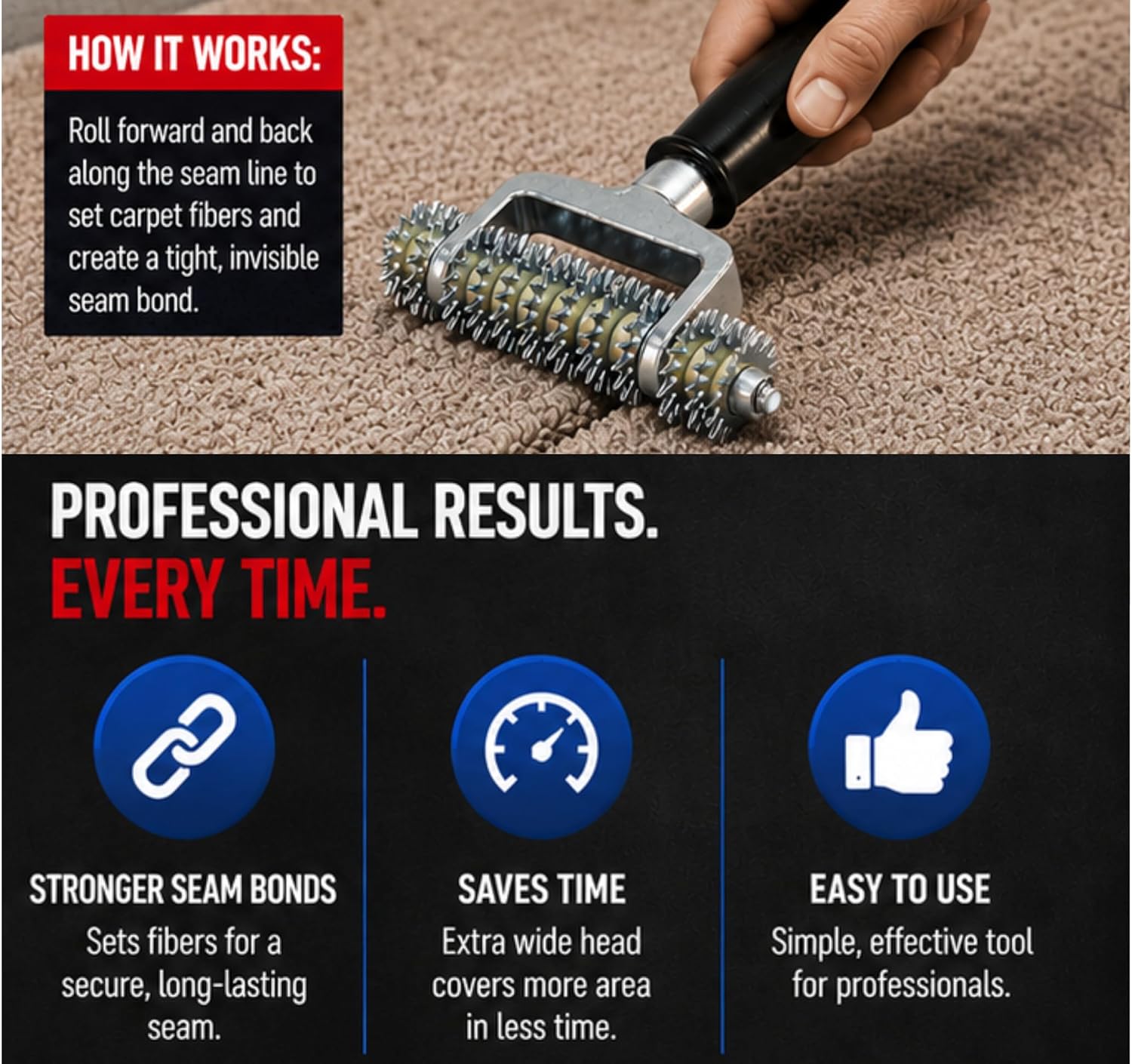 Carpet Seam Roller – 5 in. Single Star-Wheel Roller with Extra-Wide Head for Even Pressure and Strong Seam Bonding –