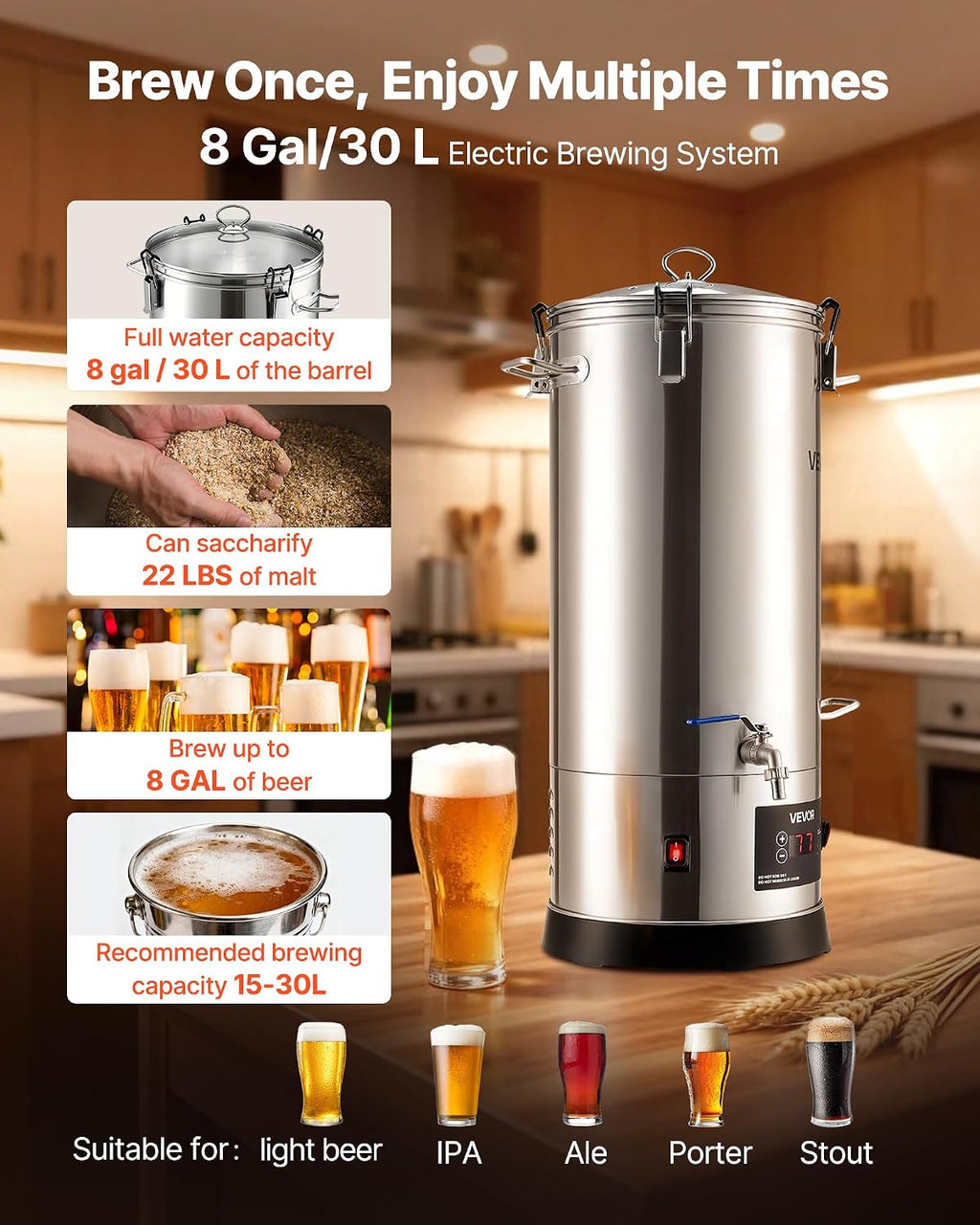 Beer Brewing Equipment, 8 Gal/30L 304 Stainless Steel Home Beer Brewer,1500W All-in-One Home Brewing Kit with Tall