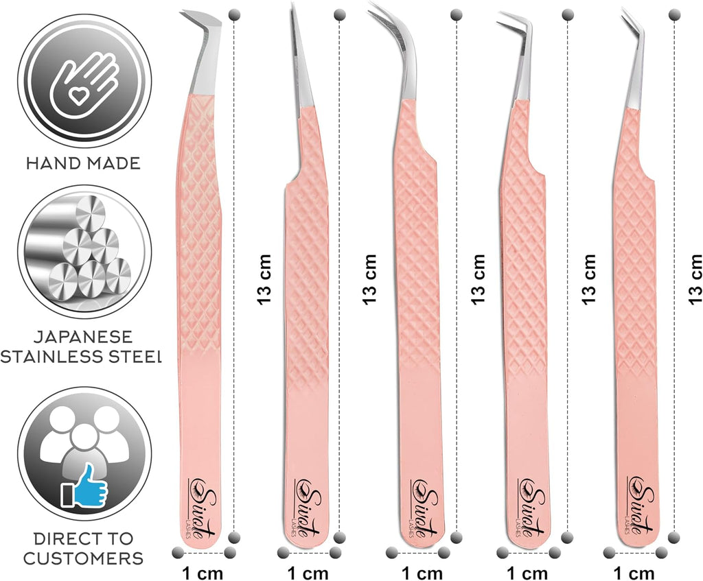 Lash Tweezers for Eyelash Extensions, Pack of 5, Peach, Diamond Grip | Precision fiber tips, ideal for volume &