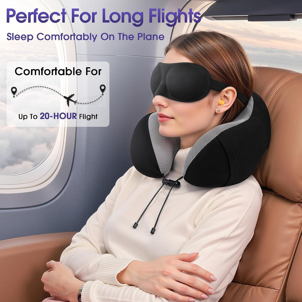 Travel Pillow for Airplane, Memory Foam Neck Pillow for Travel, Compact Flight Pillow with Eye Mask, Earplugs, Carry