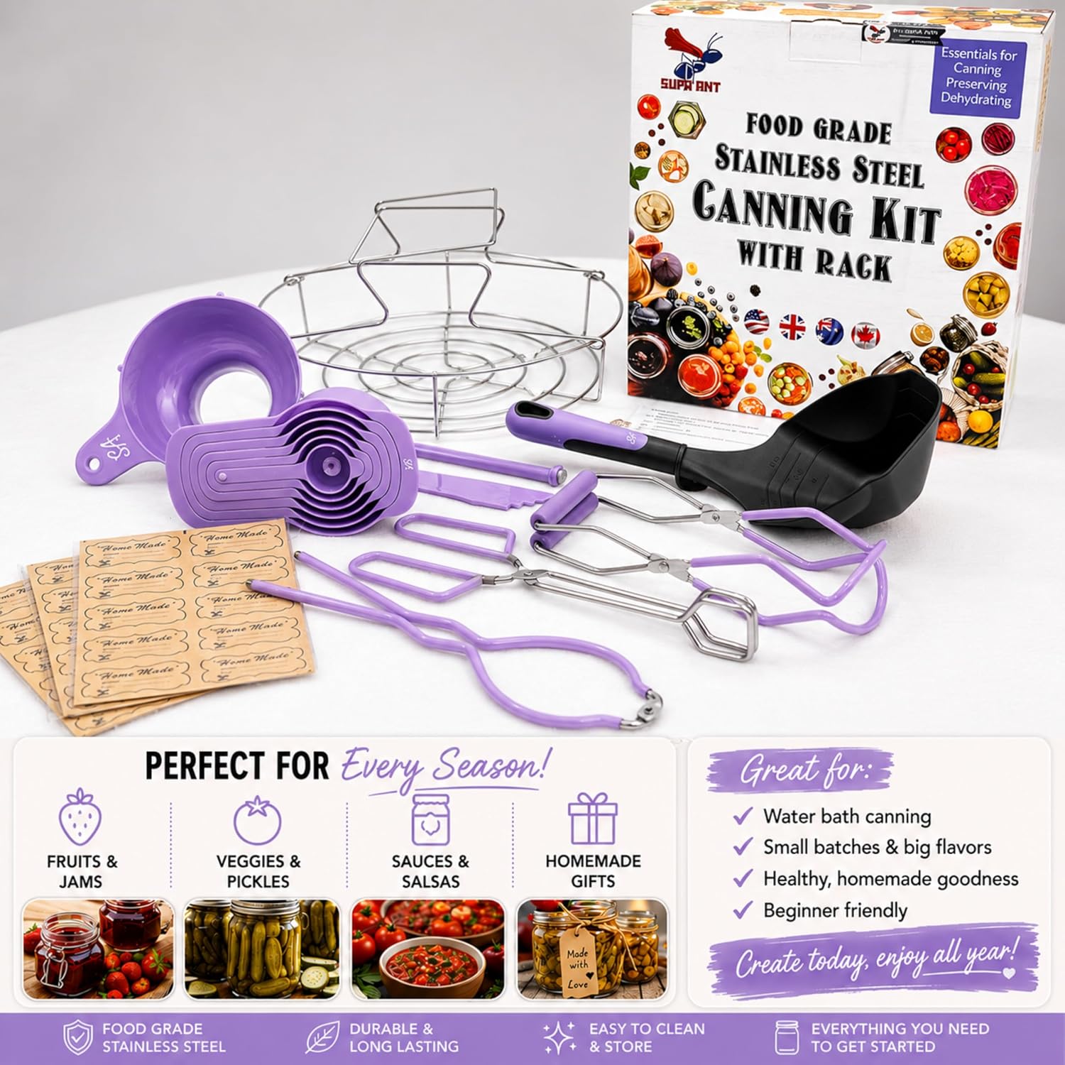 Canning Supplies Starter Kit- Canner Accessories with Canning Rack for Jars, XL Ladle,Wide Mouth Jar Funnel,Jar