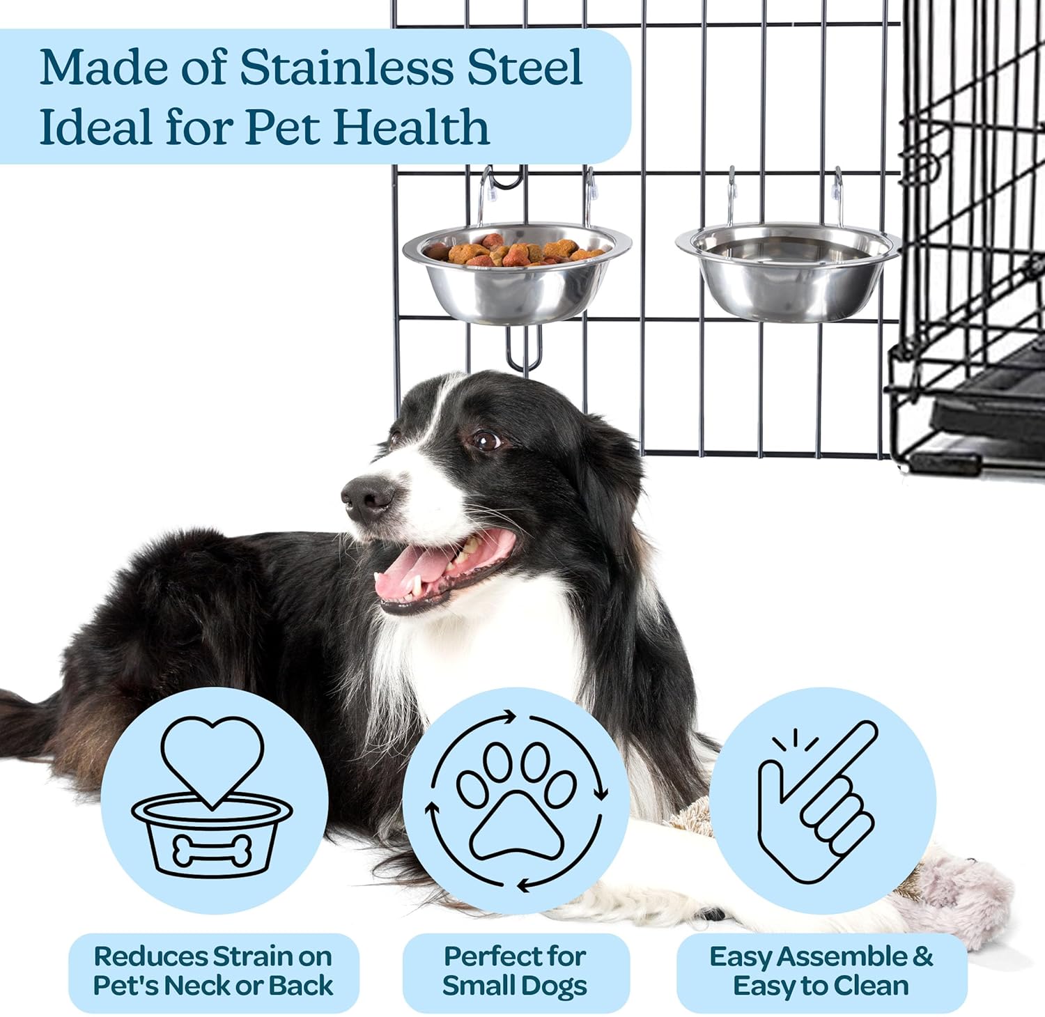 Set of 2 Stainless-Steel Dog Bowls - Cage, Kennel, and Crate Hanging Pet Bowls for Food and Water - 8oz Each and