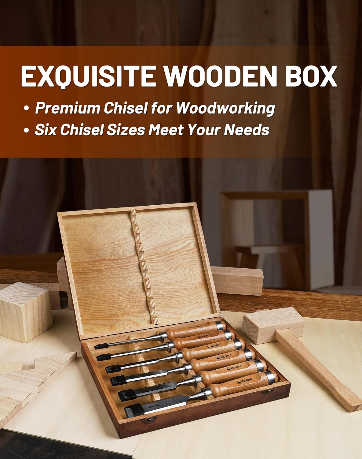 Wood Chisel Set, 6PCS 1/4-1 Inch CR-V Chisels with Wooden Case | Woodworking Carving Chisel Kit, CR-V Steel HRC60