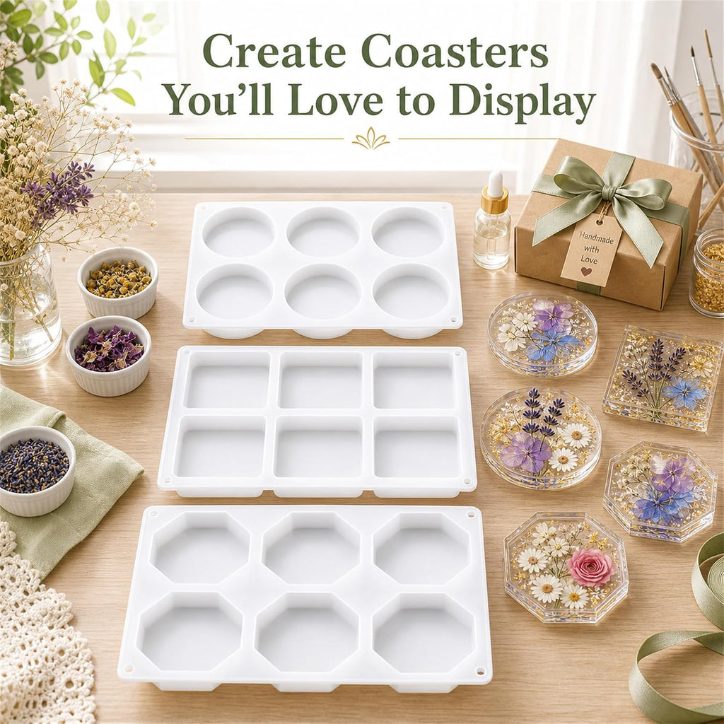 3 Shapes Large Coaster Molds for Epoxy Resin,Silicone Molds for Resin | 18 Cavity Deep Resin Coaster Molds,Includes