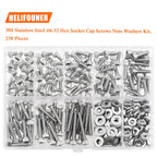 HELIFOUNER 250 Pieces #6-32 x 3/16" 1/4" 5/16" 3/8" 1/2" 5/8" 3/4" 1", Hex Socket Head Cap Screws Bolts Washers Nuts Kit, Coarse Thread, Fully Machine Threaded, 304 Stainless Steel