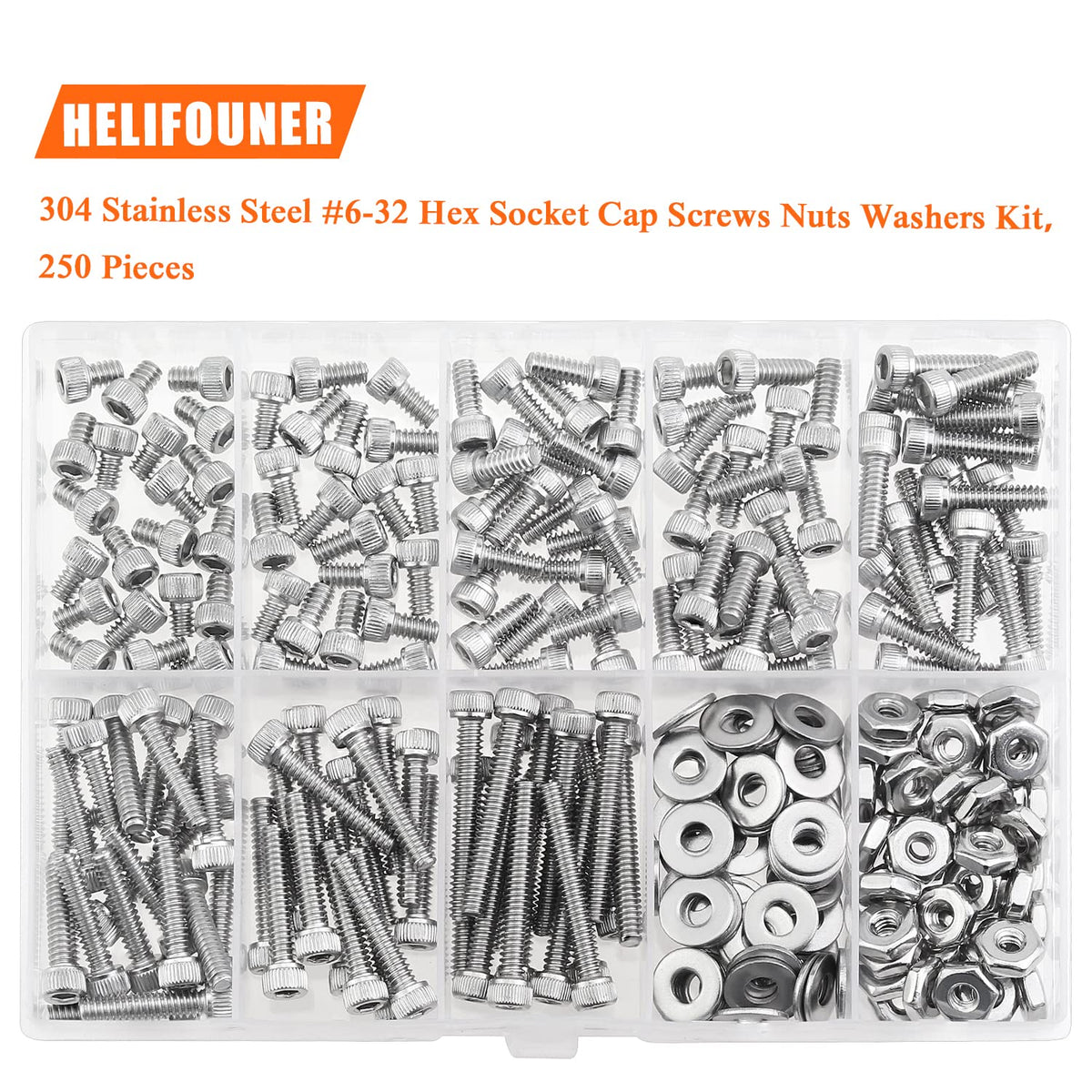 HELIFOUNER 250 Pieces #6-32 x 3/16" 1/4" 5/16" 3/8" 1/2" 5/8" 3/4" 1", Hex Socket Head Cap Screws Bolts Washers Nuts Kit, Coarse Thread, Fully Machine Threaded, 304 Stainless Steel