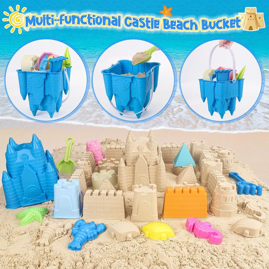 Beach Toys with Castle Bucket, Sand Molds for Kids Ages 3-12 | 2 Mini Bucket, Shovel and Rake for Sand Castle Play