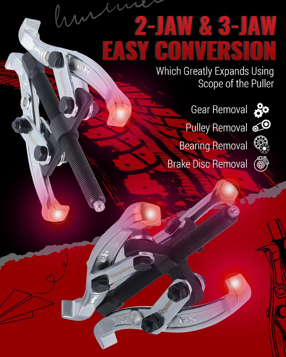 Gear Puller Set, 3" 4" 6" 8" Bearing Puller Kit for Pulley Gear Bearing Flywheel Removal, Cr-V Steel 2 Jaw & 3 Jaw