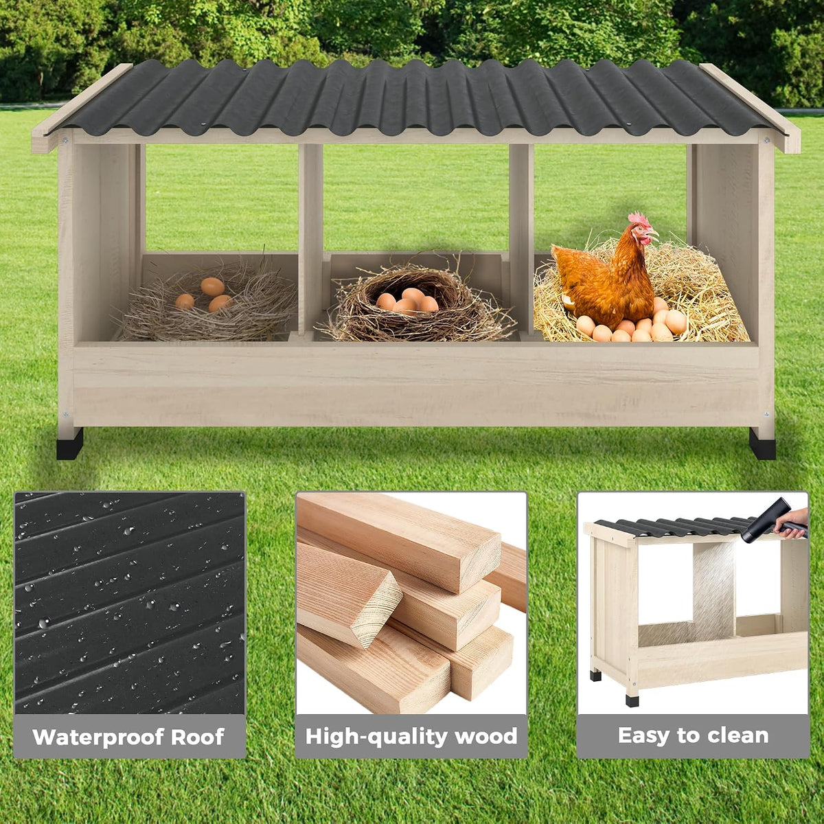 3 Holes Wooden Chicken Nesting Box, Wall Mounted or Floor Use