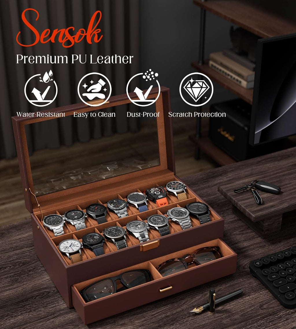 Watch Case Box for Men – 14 Slots Watch Display Organizer with 6-Compartment Eyeglasses Storage, Real Glass Lid
