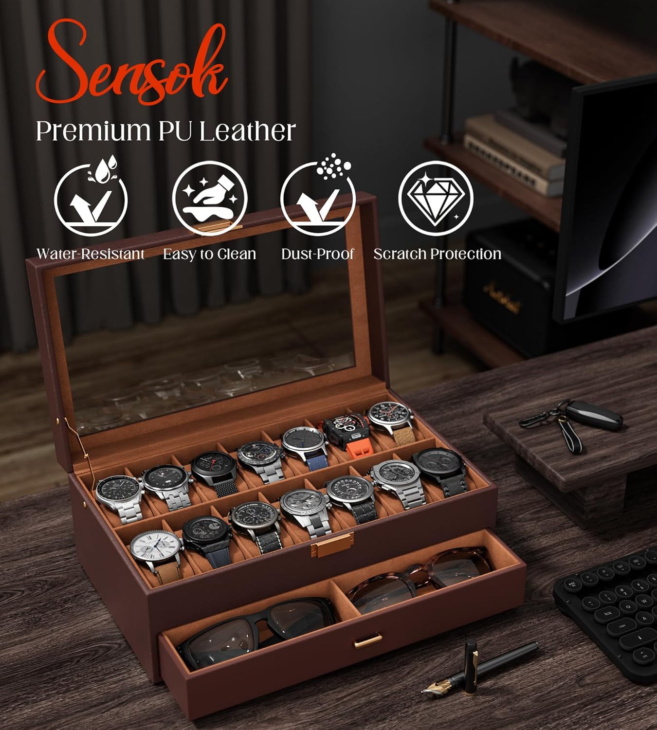 Watch Case Box for Men – 14 Slots Watch Display Organizer with 6-Compartment Eyeglasses Storage, Real Glass Lid