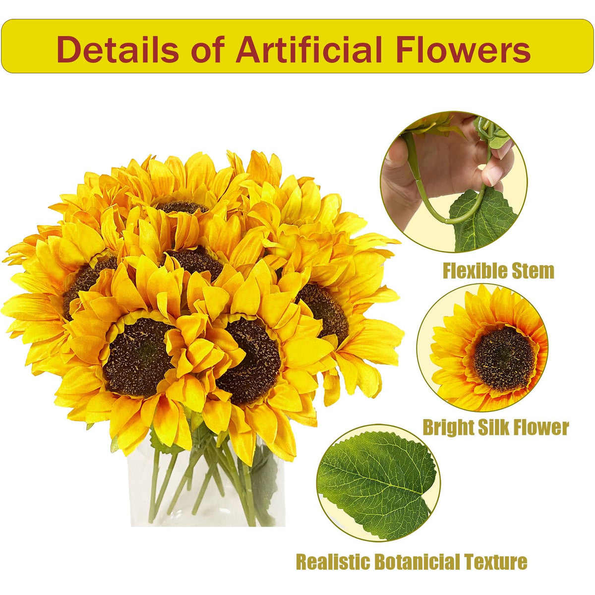 10PCS Sunflowers Artificial Flowers, Silk Sunflower Decor with Stem