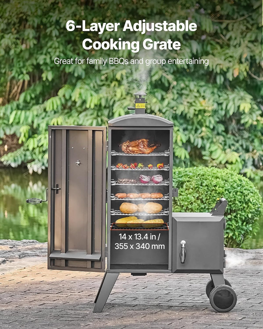 Charcoal Offset Smoker, Heavy-Duty Steel BBQ Offset Smoker with Side Firebox, Movable Outdoor Barbecue Smokers with 6
