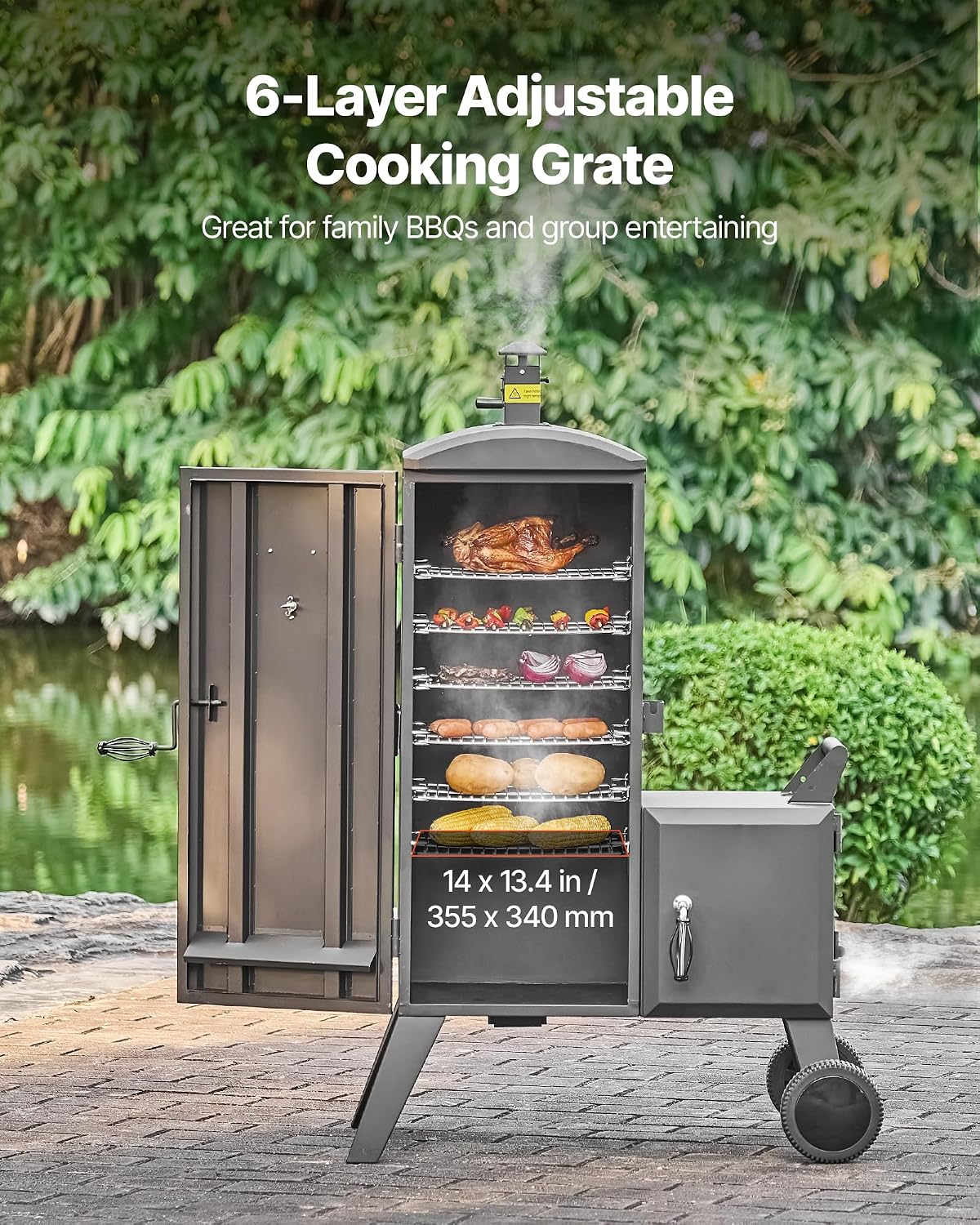 Charcoal Offset Smoker, Heavy-Duty Steel BBQ Offset Smoker with Side Firebox, Movable Outdoor Barbecue Smokers with 6
