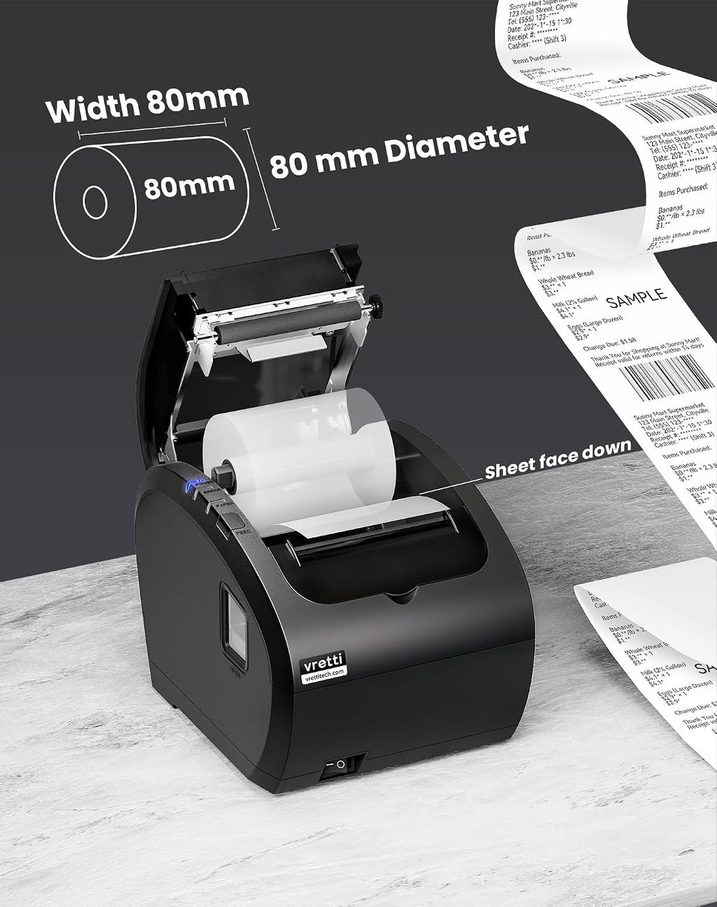 Thermal Receipt Printer, 3'1/8 80mm POS Restaurant Kitchen Printer | with Auto Cutter Support Cash Drawer, USB Serial