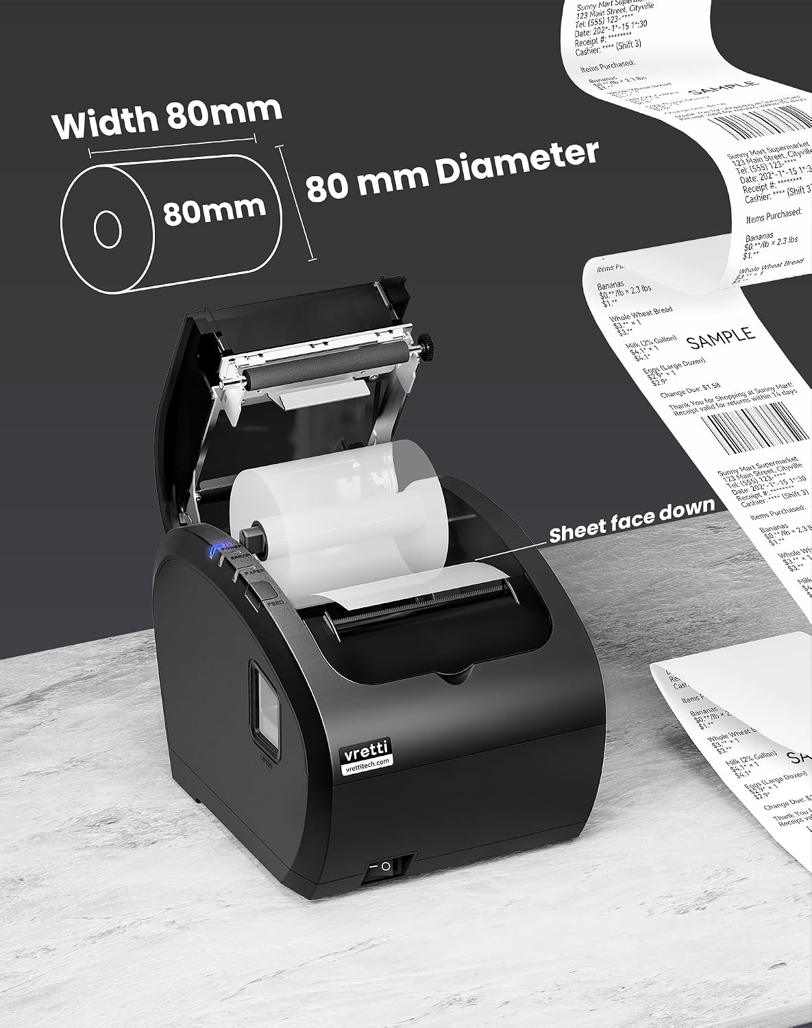 Thermal Receipt Printer, 3'1/8 80mm POS Restaurant Kitchen Printer | with Auto Cutter Support Cash Drawer, USB Serial
