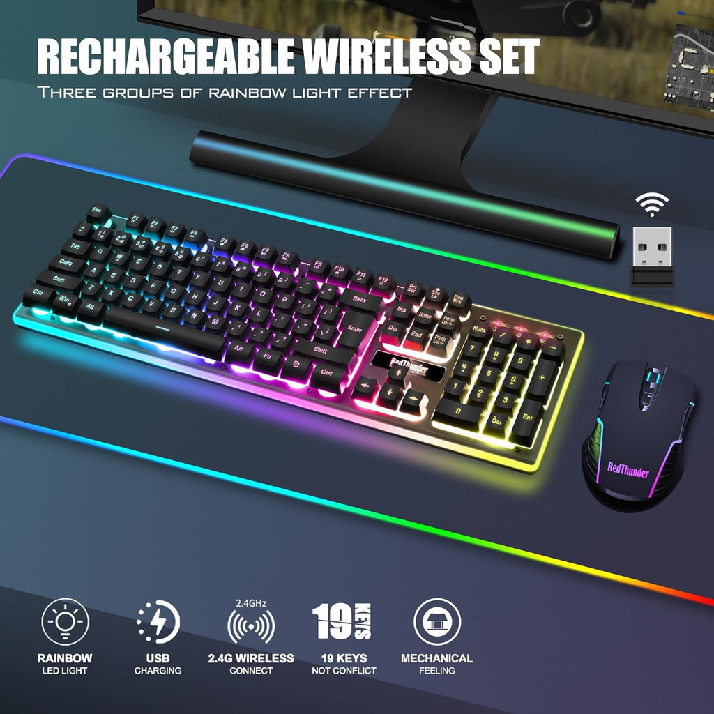 K10 Wireless Gaming Keyboard and Mouse Combo, LED Backlit Rechargeable 3800mAh Battery, Mechanical Feel Anti-ghosting