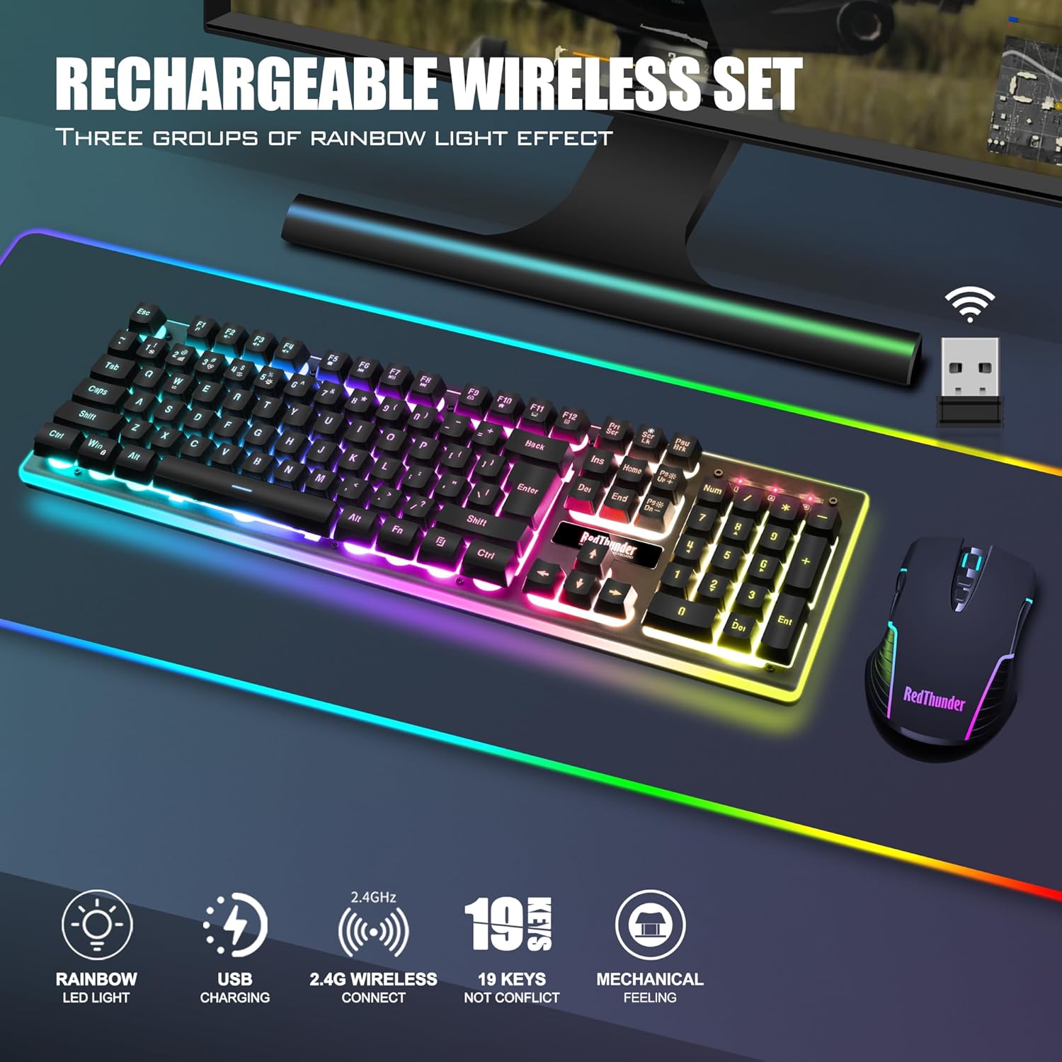 K10 Wireless Gaming Keyboard and Mouse Combo, LED Backlit Rechargeable 3800mAh Battery, Mechanical Feel Anti-ghosting