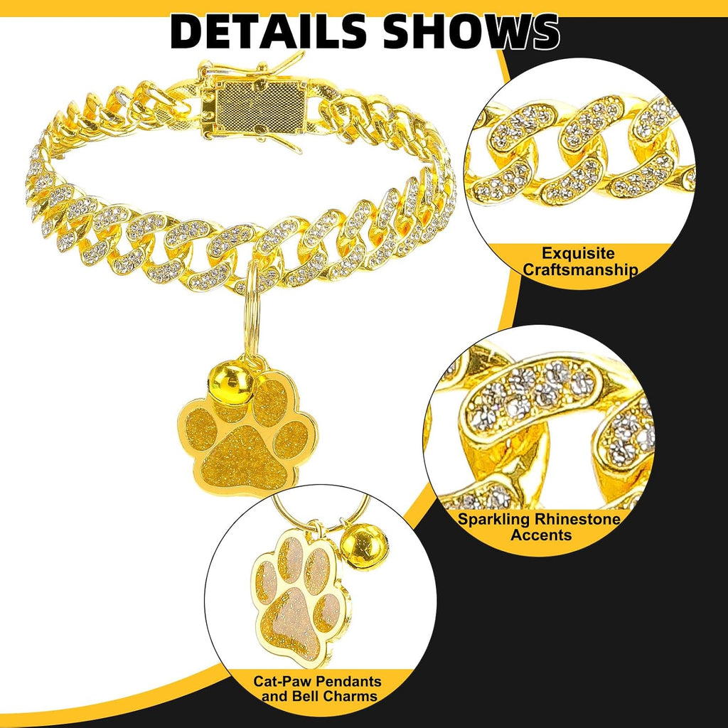 Cat Collar Chain,Diamond Gold Glitter Collar Walking Metal with Secure Buckle Link Cuban Pet Rhinestones Necklace