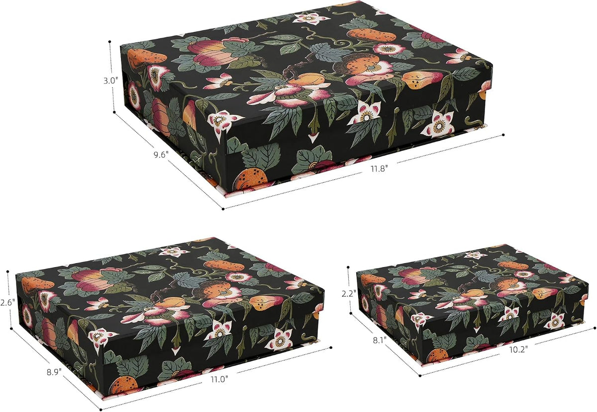 3-Piece Decorative Storage Boxes with Lids, Dark Botanical Floral & Fruit Pattern, Sturdy Cardboard Keepsake Boxes