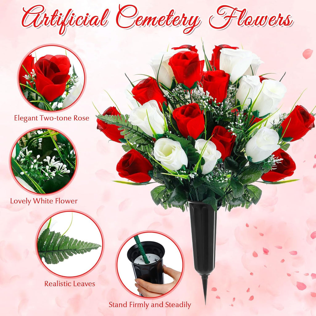 3 Pcs Artificial Cemetery Flower Set Cemetery Flowers Saddle Flowers Rose Bouquets with Vase 1 Saddle and 2 Memorial