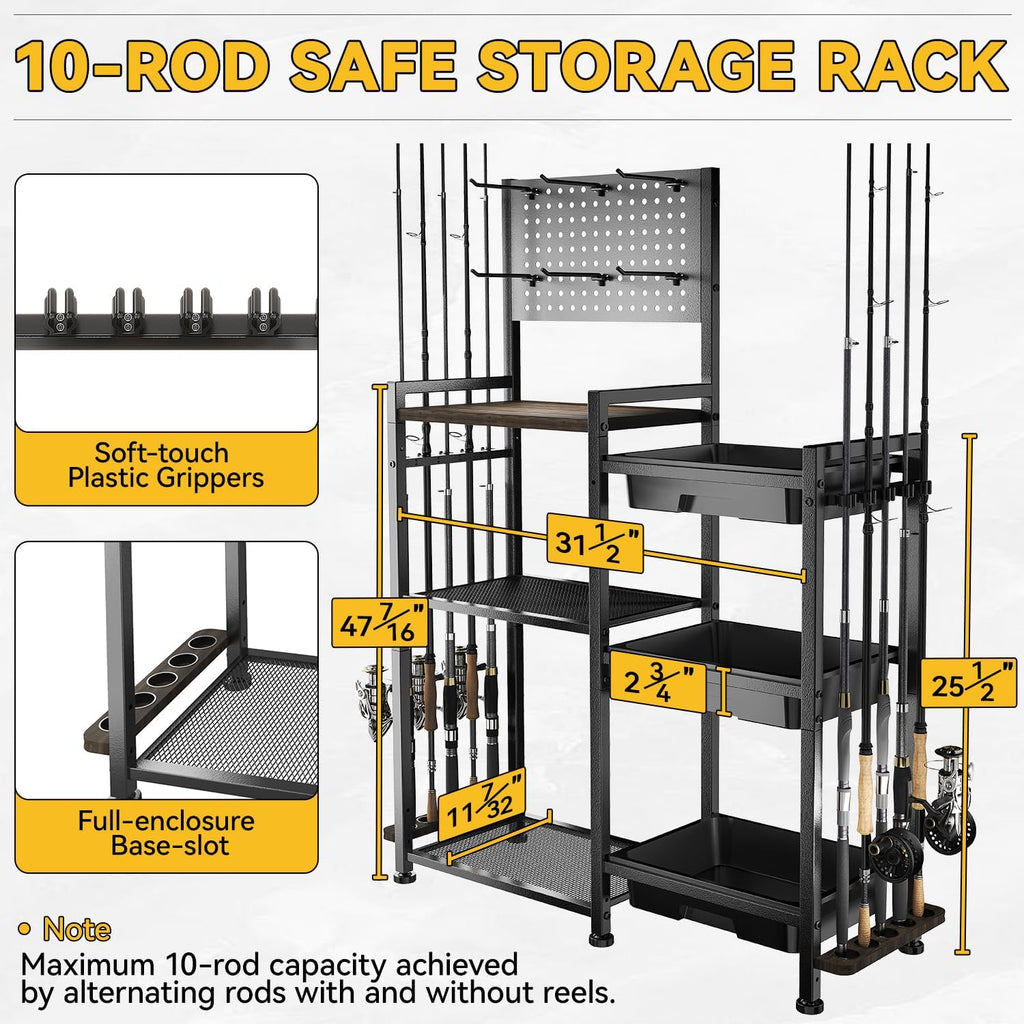 Fishing Rod Holders for Garage, 3 Storage Boxes for Reels & Fishing Accessories, 10 Rod Capacity Fishing Pole Holder