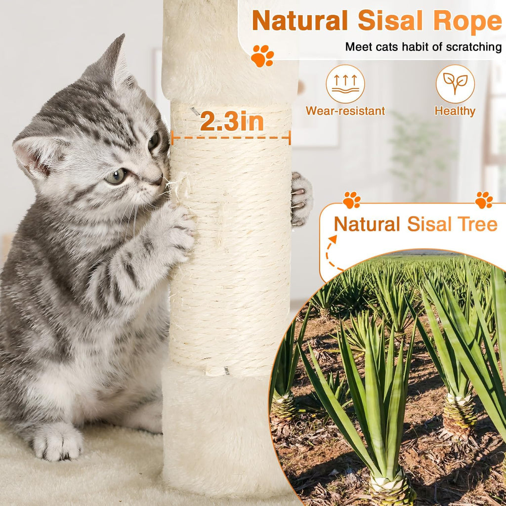 54" Cat Tree Tower | Beige | Multi-Level Indoor Activity Center with Sisal Scratching Posts, Condos, Plush Perches