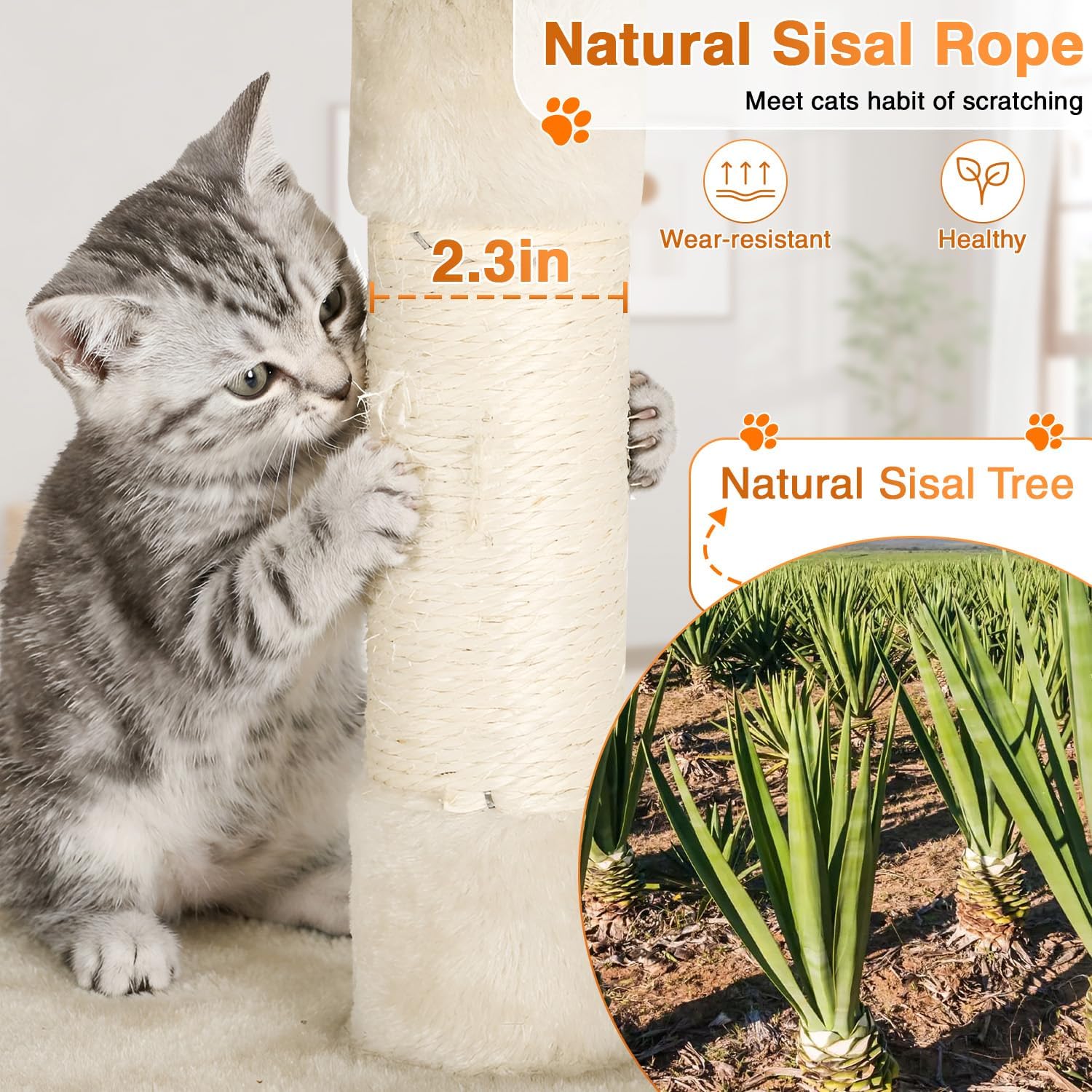 54" Cat Tree Tower | Beige | Multi-Level Indoor Activity Center with Sisal Scratching Posts, Condos, Plush Perches