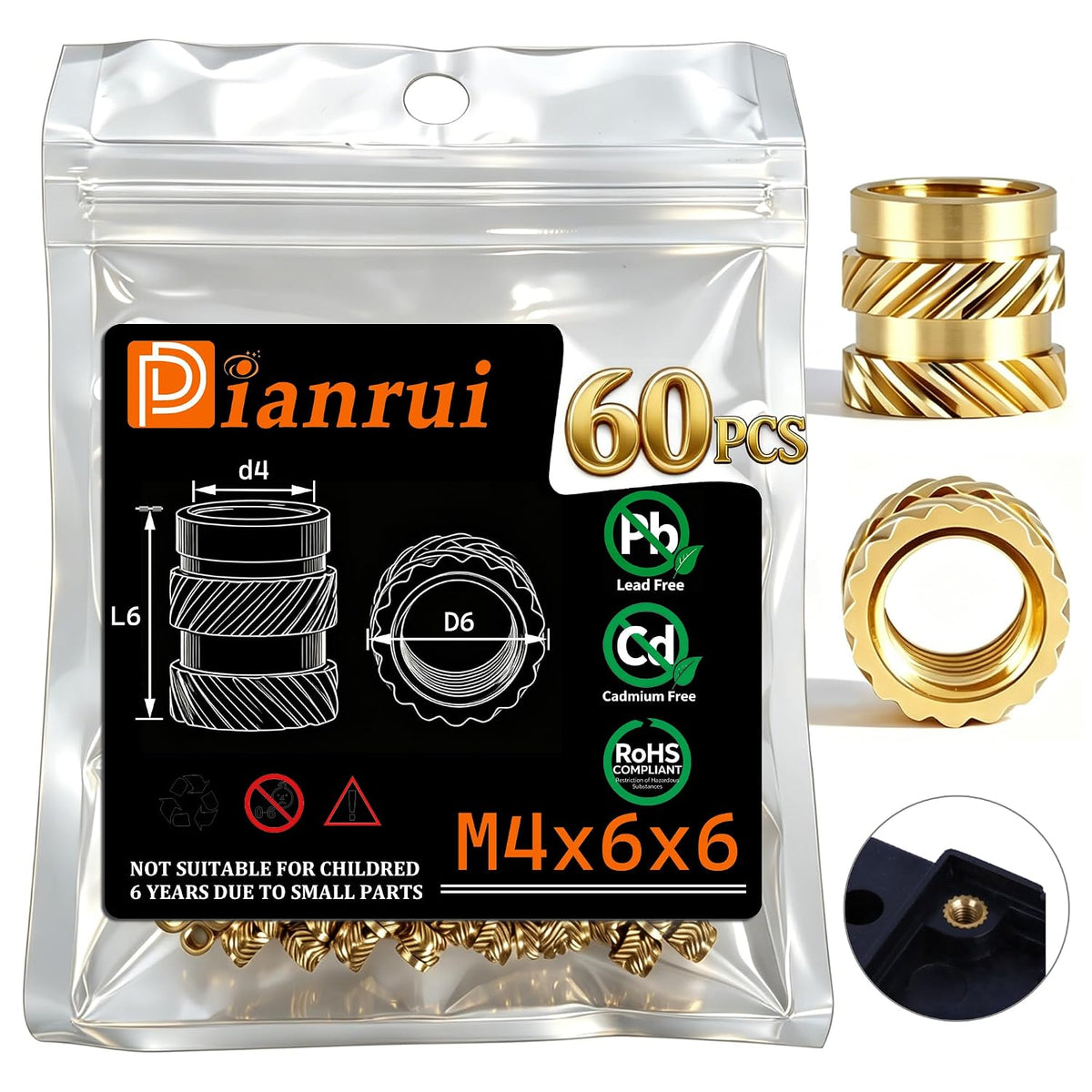 Dianrui M6 Heat Set Inserts for 3D Printing, Brass Threaded Insert 60PCS