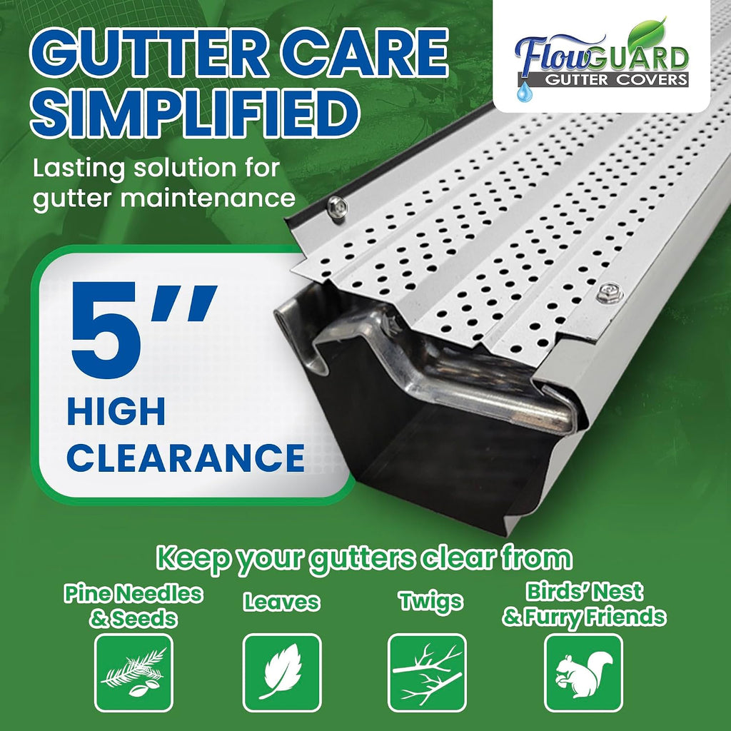 FlowGuard USA Made Professional DIY 5 Inch High Clearance 50-Year Gutter Cover System - White - Aluminum Gutter