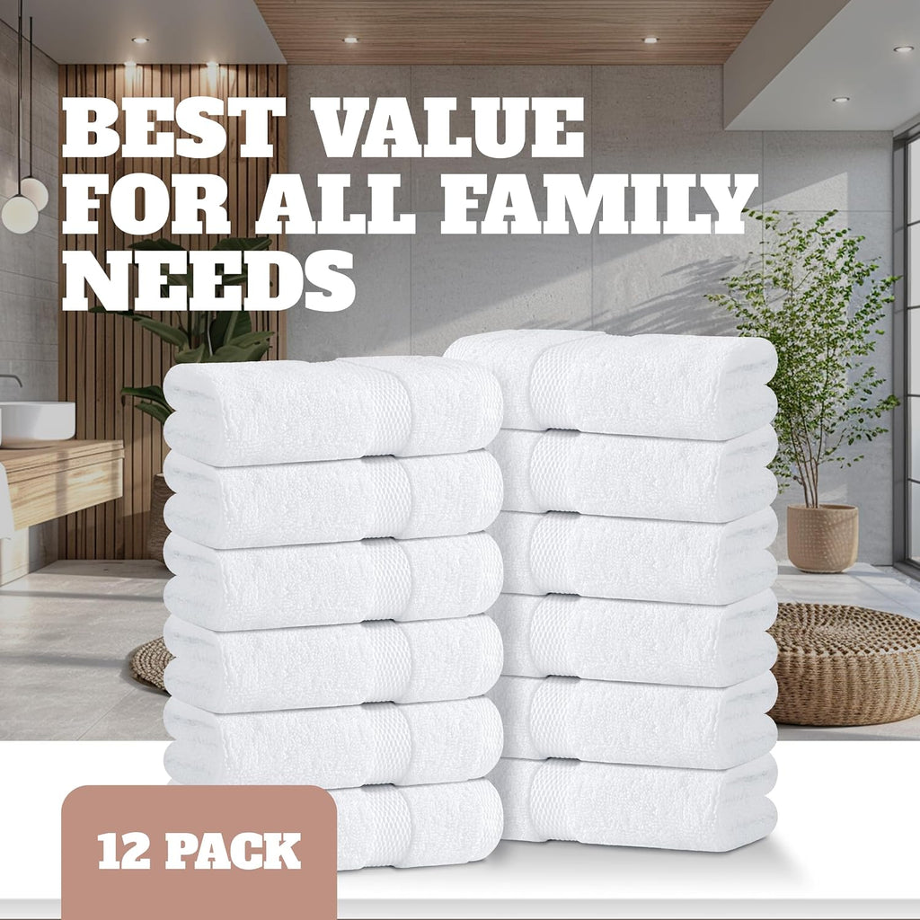Wealuxe White Washcloths 12 Pack - 600 GSM 100% Ring-Spun Cotton Wash Cloths for Showering, Highly Absorbent and Soft